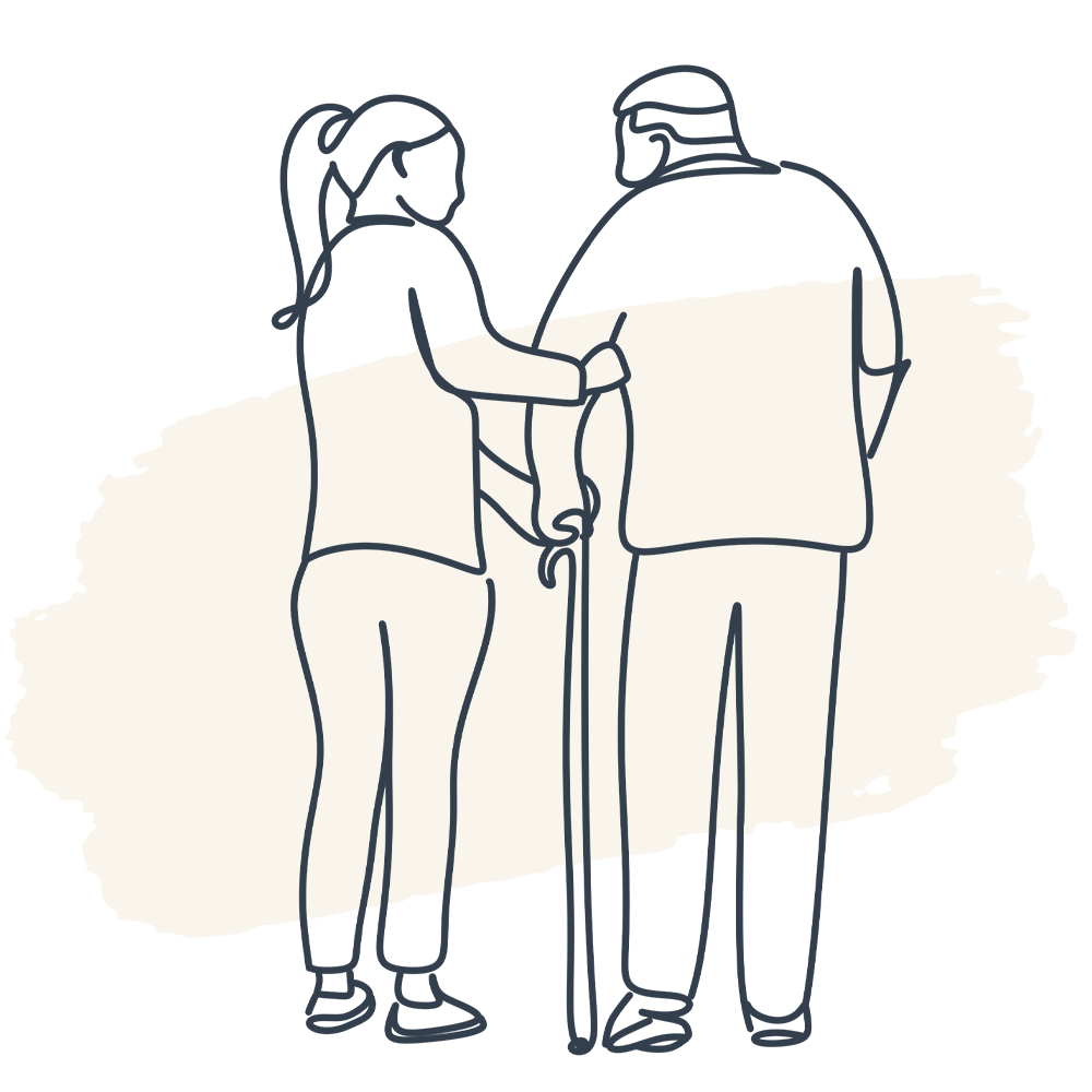 Illustration of a carer with an elderly man with a cane