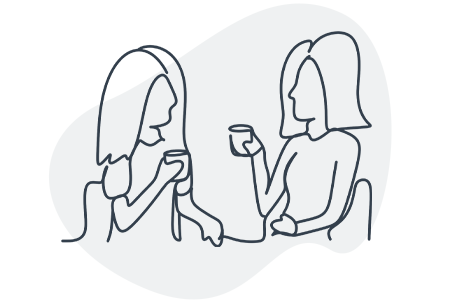 Illustration of two women chatting with a drink in their hands